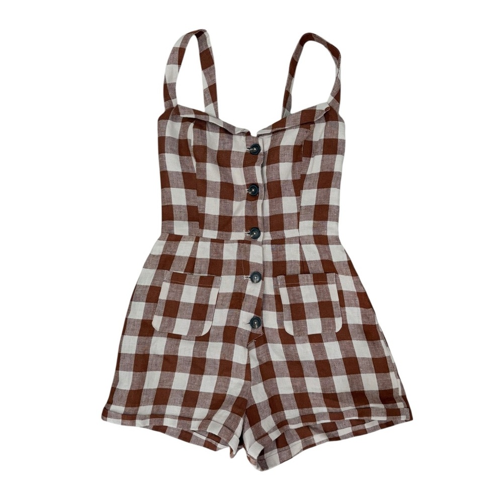 Reformation Brown and Cream Gingham Button Romper